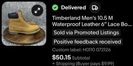 eBay sold order confirmation, Timberland boots, delivered